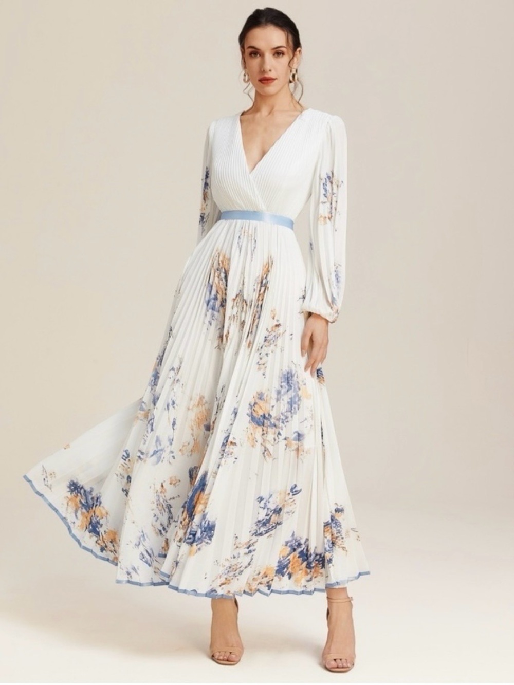 NWT FEHAUTE White Pleated Floral Chiffon V-Neck Long Sleeve Maxi Dress Sz 12